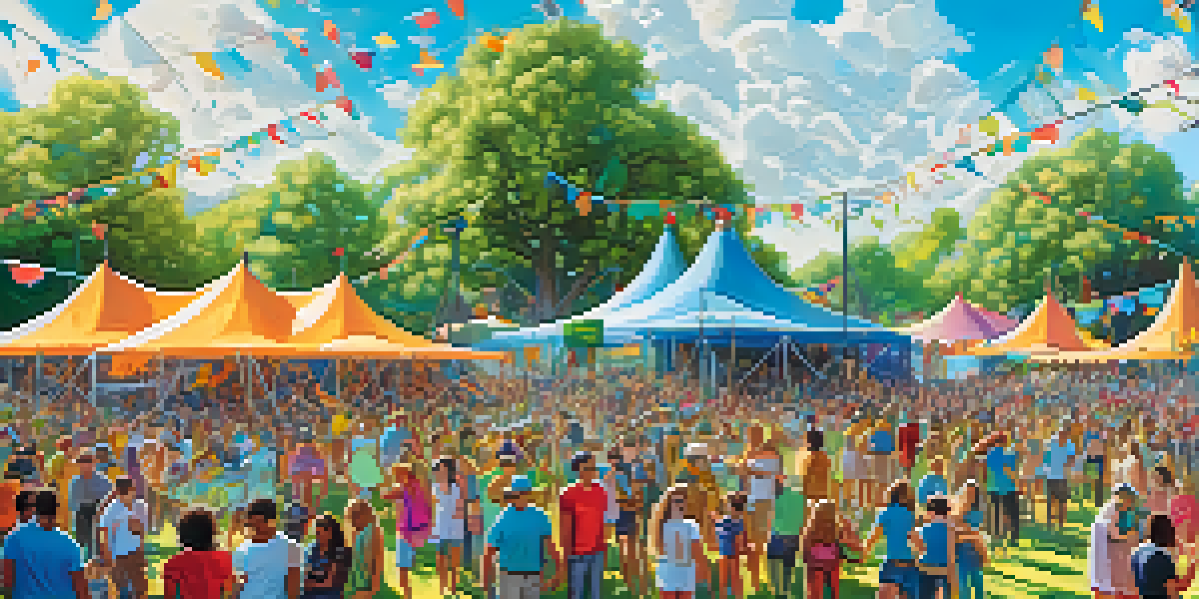 A lively outdoor music festival with colorful tents, a diverse audience, green trees, solar panels, and recycling stations under a clear blue sky.