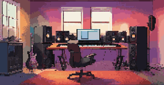 A cozy home music studio with a computer screen displaying music software, surrounded by instruments such as a keyboard and guitar, and decorated with colorful soundproofing panels.