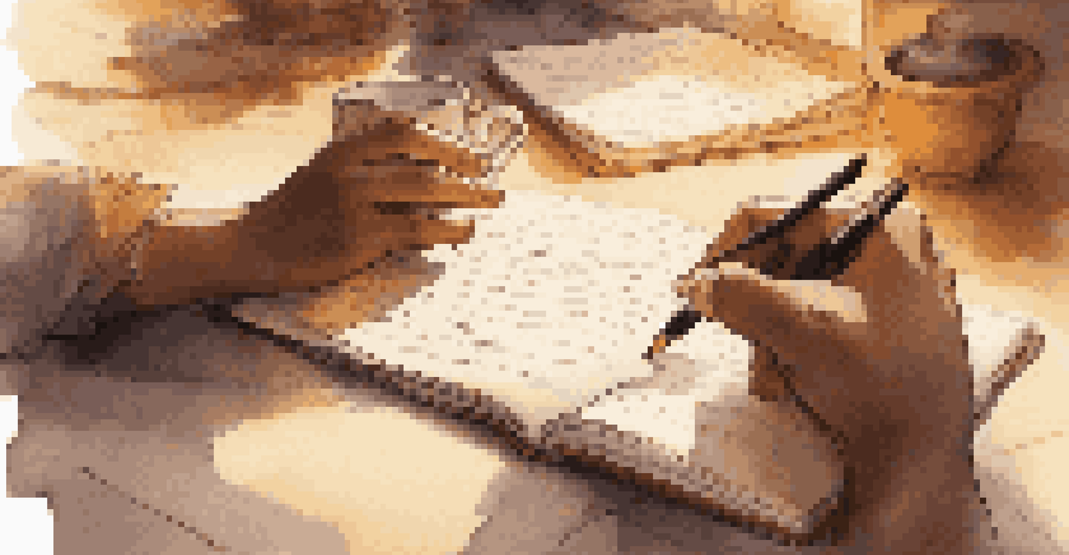 Close-up of hands writing lyrics in a notebook with warm lighting, a cup of tea nearby, representing creativity and introspection.