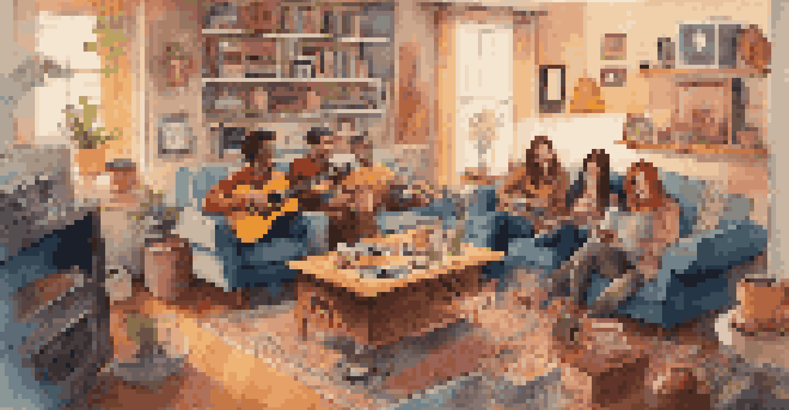 Friends enjoying time together in a cozy living room, gathered around a record player with snacks and drinks.