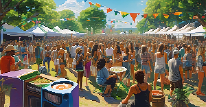 A lively music festival with a diverse crowd, artists performing on stage, surrounded by greenery and eco-friendly decorations, highlighting sustainability.