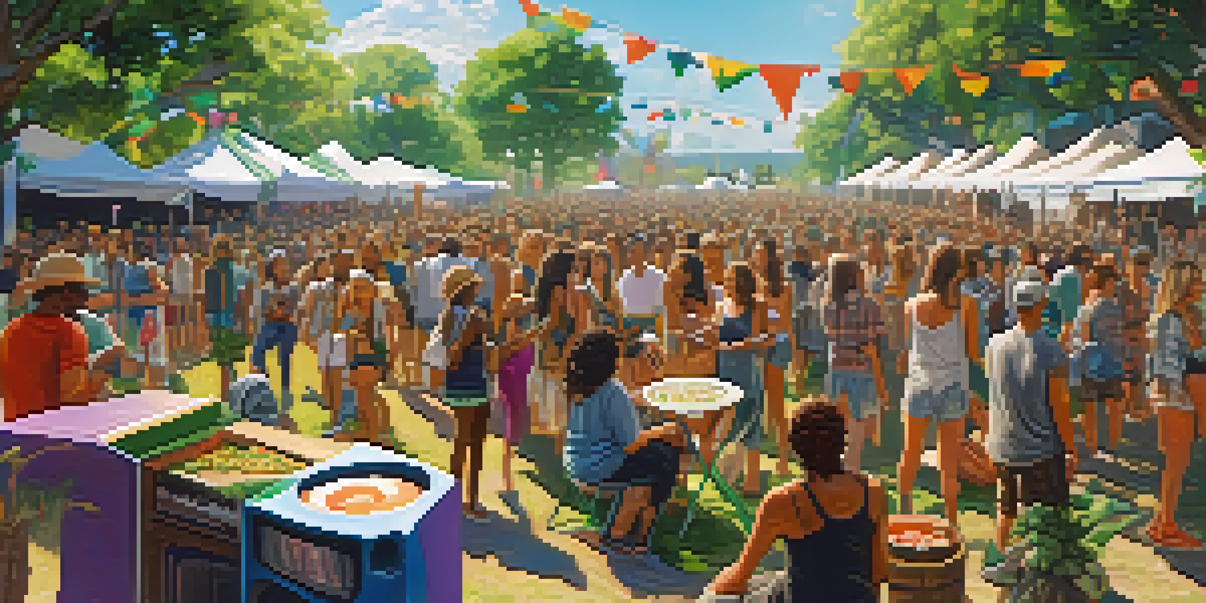A lively music festival with a diverse crowd, artists performing on stage, surrounded by greenery and eco-friendly decorations, highlighting sustainability.