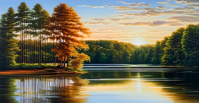 A peaceful lake scene with green trees and a sunset sky reflecting on the water.