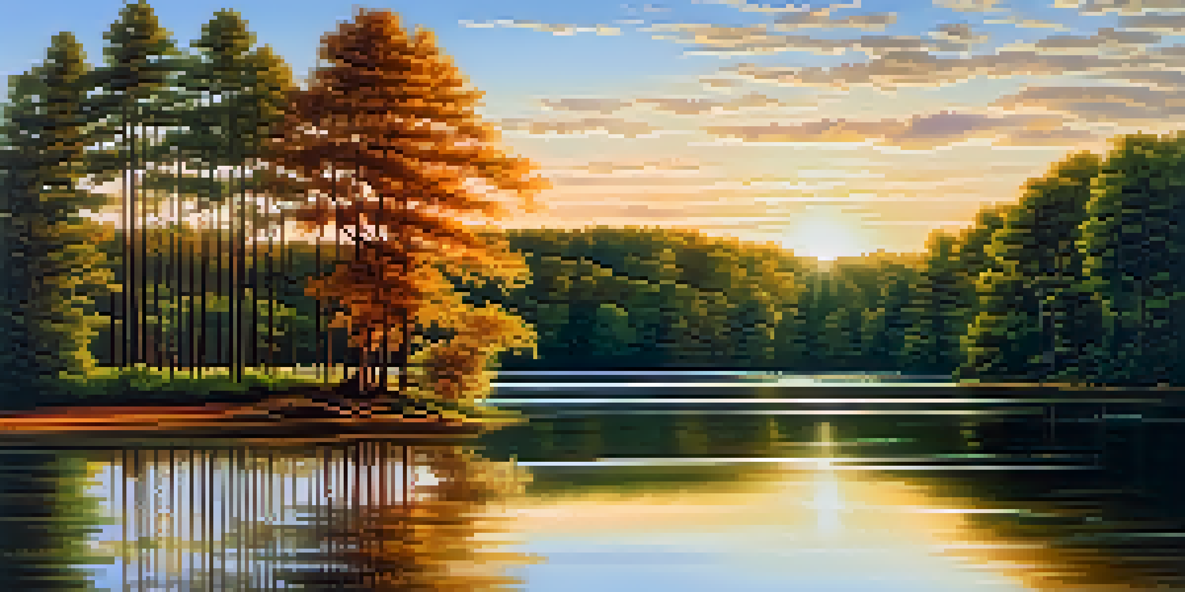A peaceful lake scene with green trees and a sunset sky reflecting on the water.