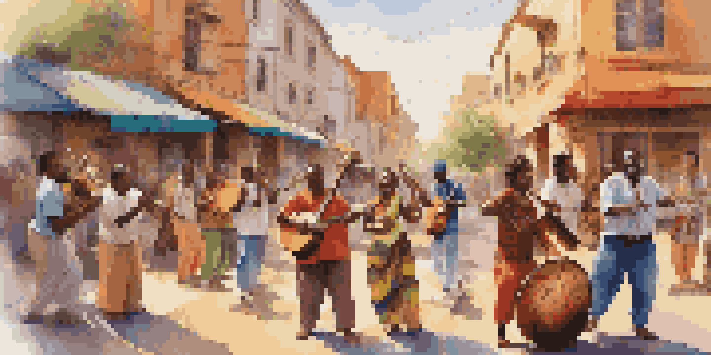 A lively street scene with musicians playing traditional instruments from various cultures, surrounded by an enthusiastic audience in warm sunlight.