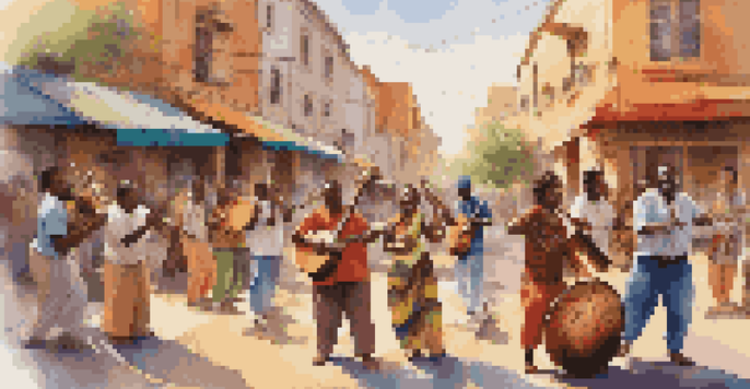 A lively street scene with musicians playing traditional instruments from various cultures, surrounded by an enthusiastic audience in warm sunlight.