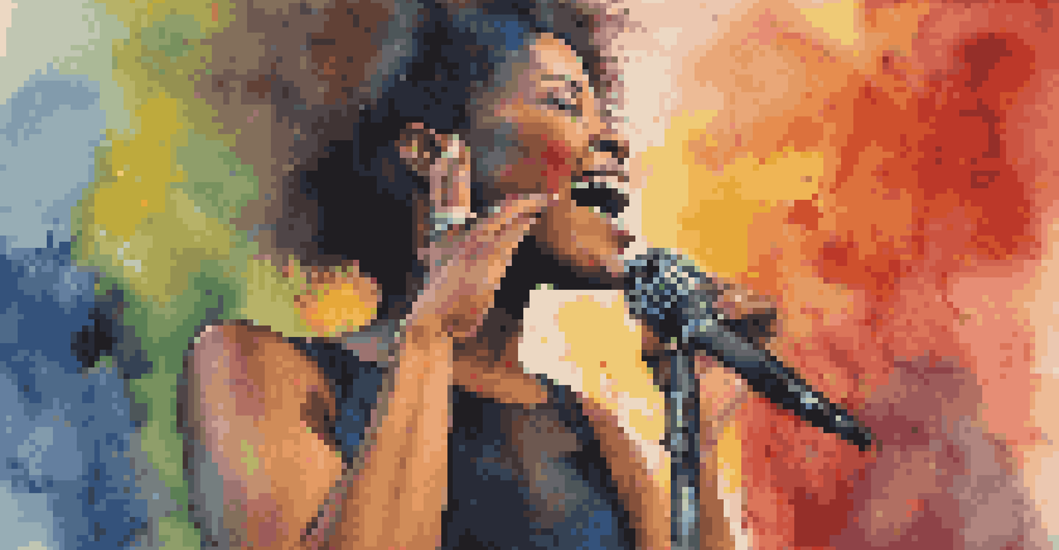A female musician on stage with a microphone, standing confidently in front of a backdrop of empowering words.