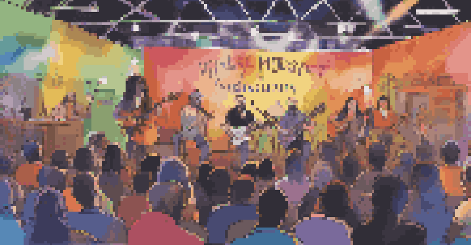 A live podcast event with musicians on stage and an engaged audience, featuring colorful lights and a podcast banner.