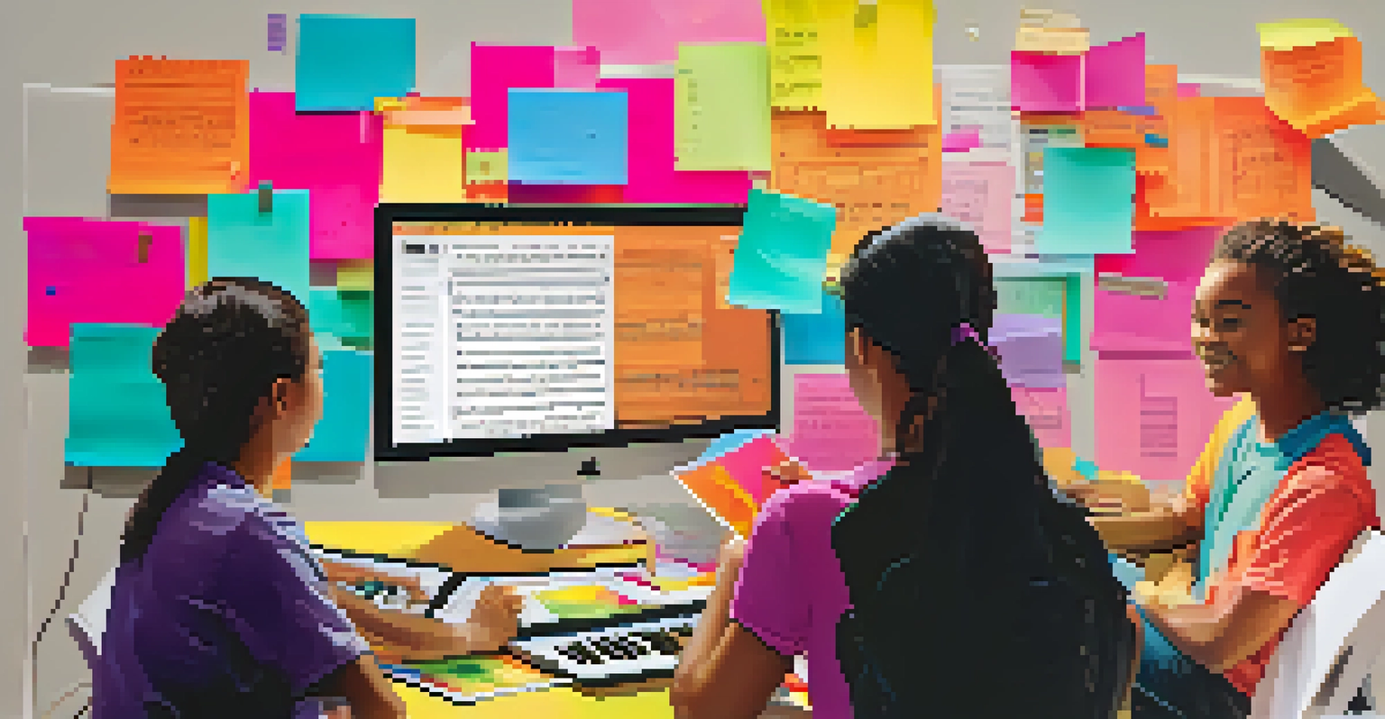 A focused group of students collaborating at a table with laptops and tablets, engaged in a music project with colorful sticky notes and music sheets around them.