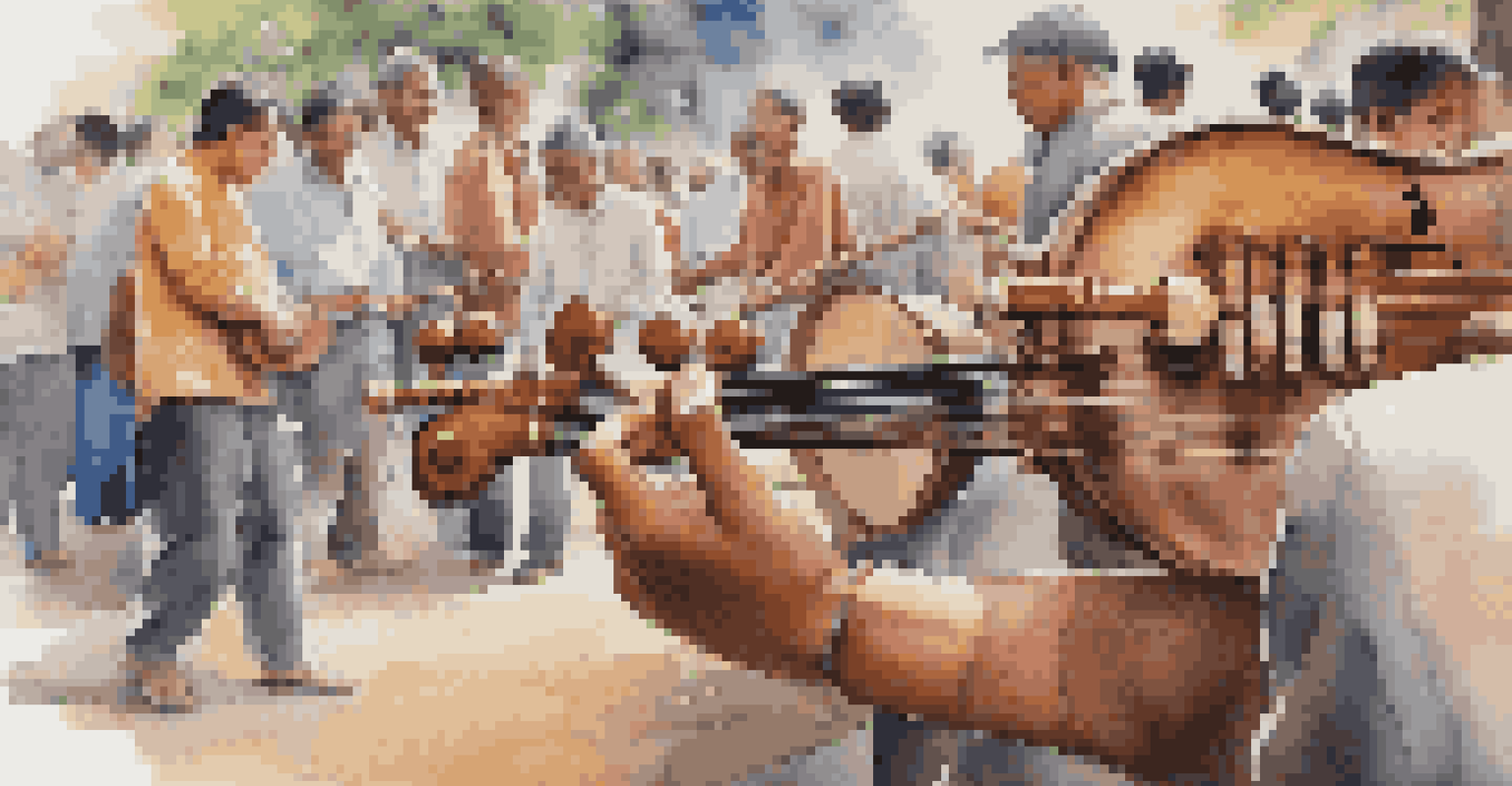 A close-up of a traditional musical instrument being played at a festival, with blurred attendees enjoying the music in the background.
