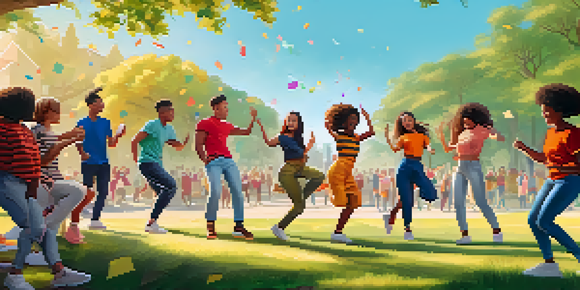 A group of diverse young people dancing in a park, enjoying a TikTok challenge under warm sunlight.