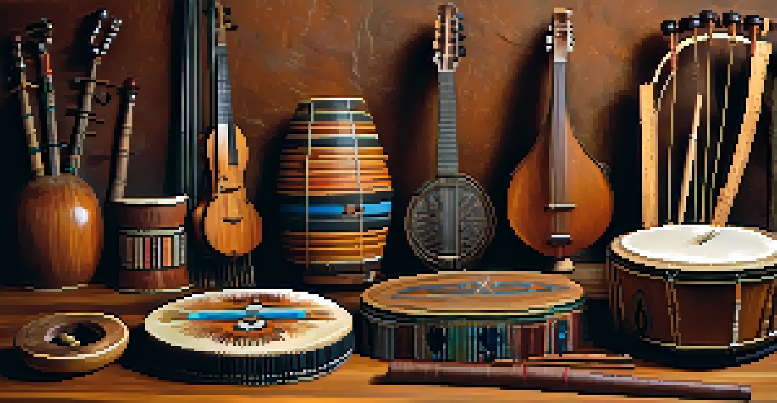 A collection of traditional Indigenous musical instruments displayed on a wooden table, showcasing their intricate patterns and textures.
