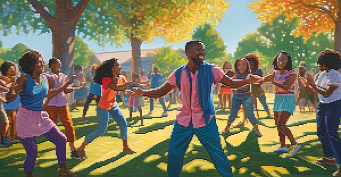 A diverse group of individuals performing body percussion in a sunny outdoor setting, showcasing joy and creativity.