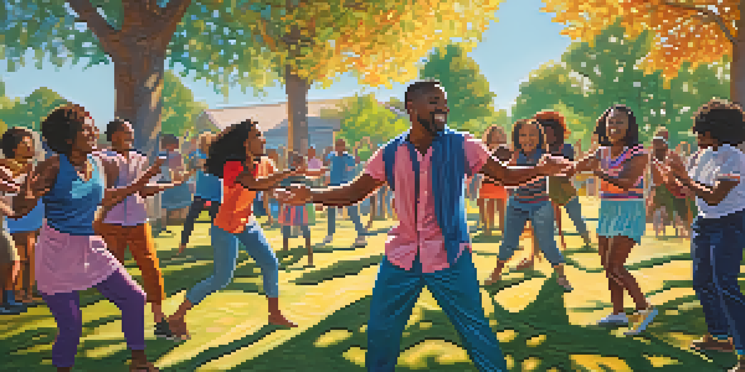 A diverse group of individuals performing body percussion in a sunny outdoor setting, showcasing joy and creativity.