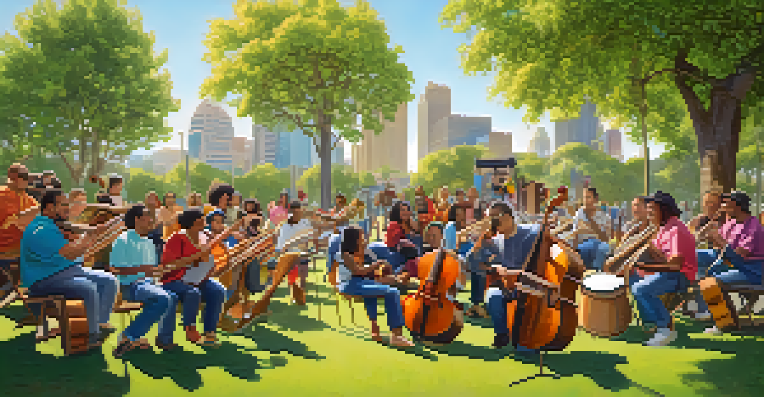 A diverse group of individuals playing instruments in a park, enjoying a community music session under the sun with trees and flowers around.