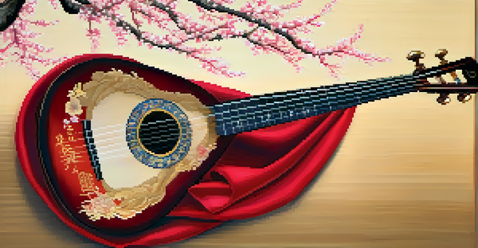 A Pipa instrument on a wooden table, surrounded by silk fabrics and illuminated by warm lighting, with a blurred Chinese garden in the background.