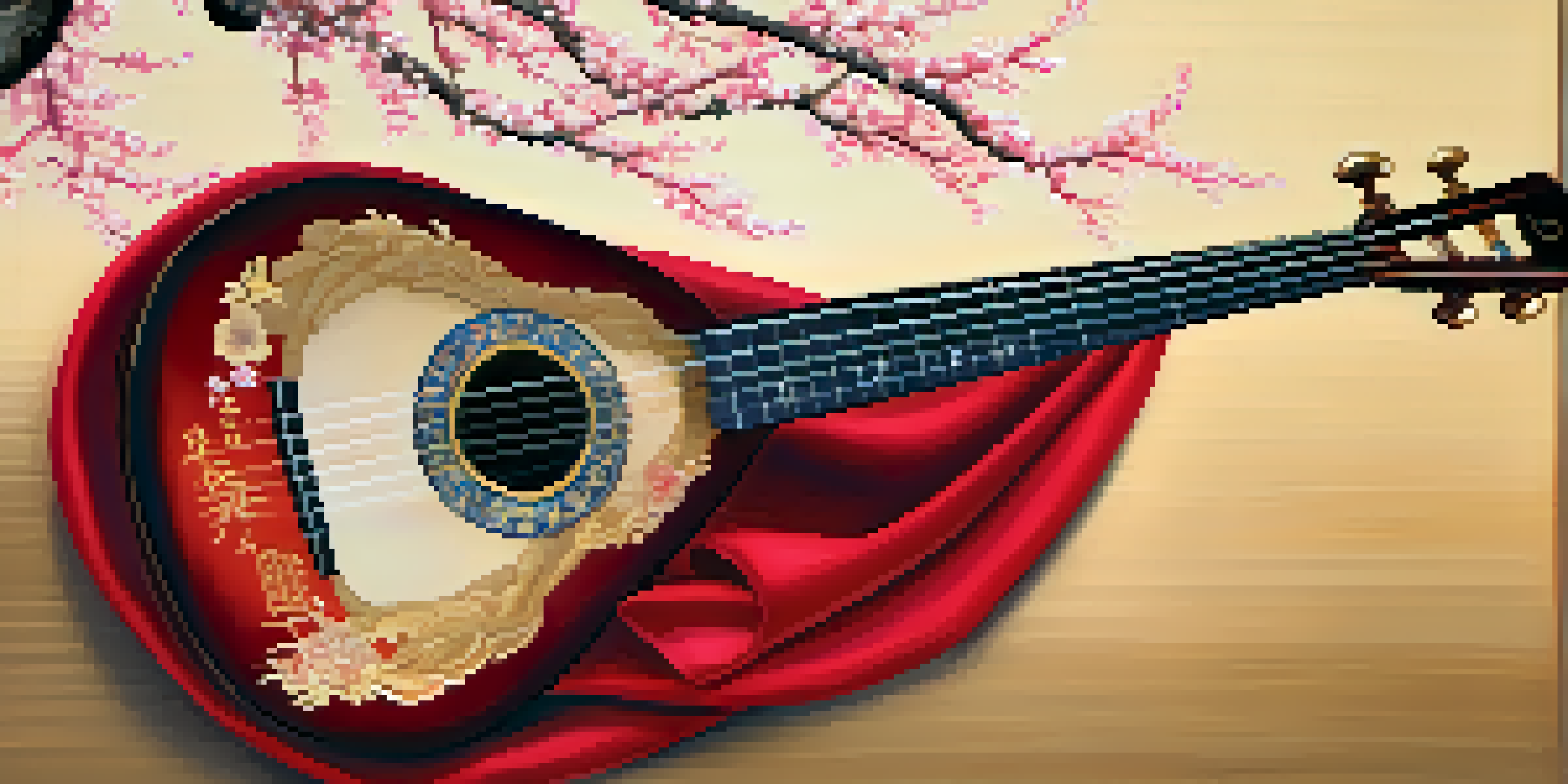 A Pipa instrument on a wooden table, surrounded by silk fabrics and illuminated by warm lighting, with a blurred Chinese garden in the background.