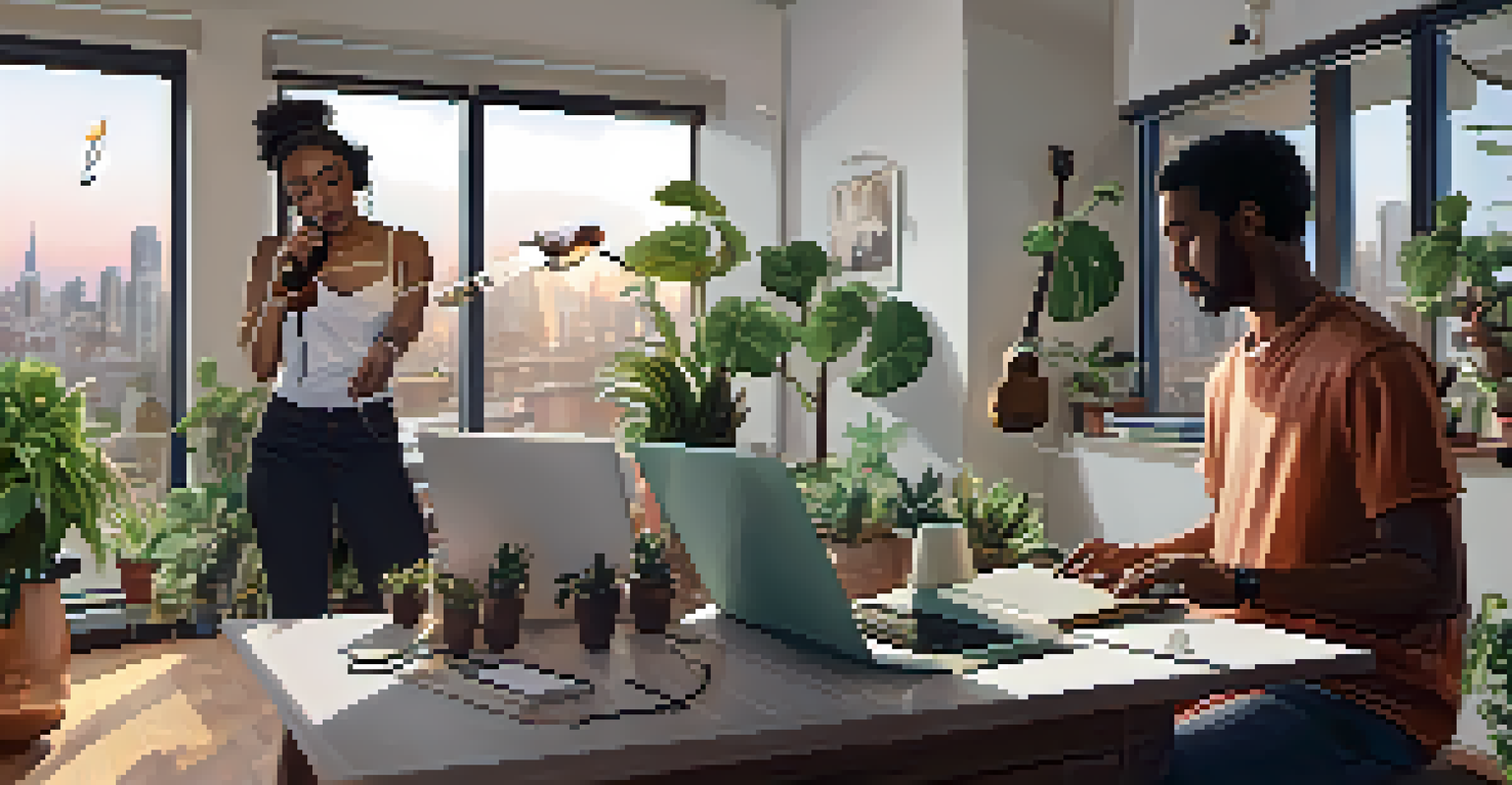 A split-screen view of two musicians collaborating online from different locations, creating music together.