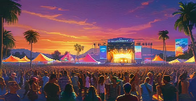 A lively outdoor music festival at sunset with diverse crowds and colorful lights.