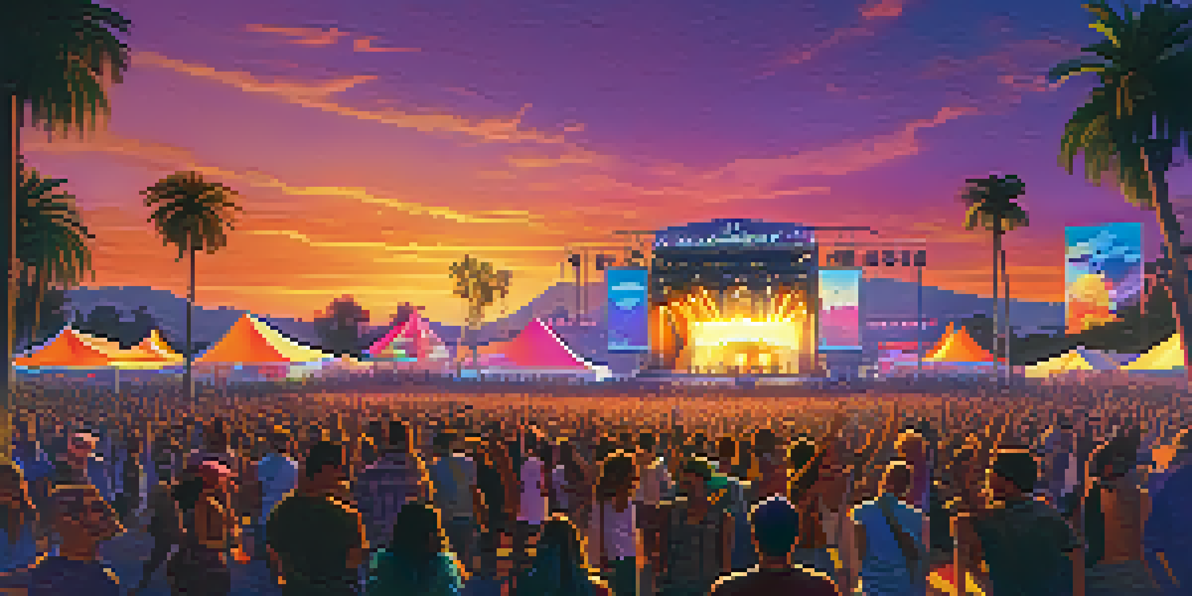 A lively outdoor music festival at sunset with diverse crowds and colorful lights.
