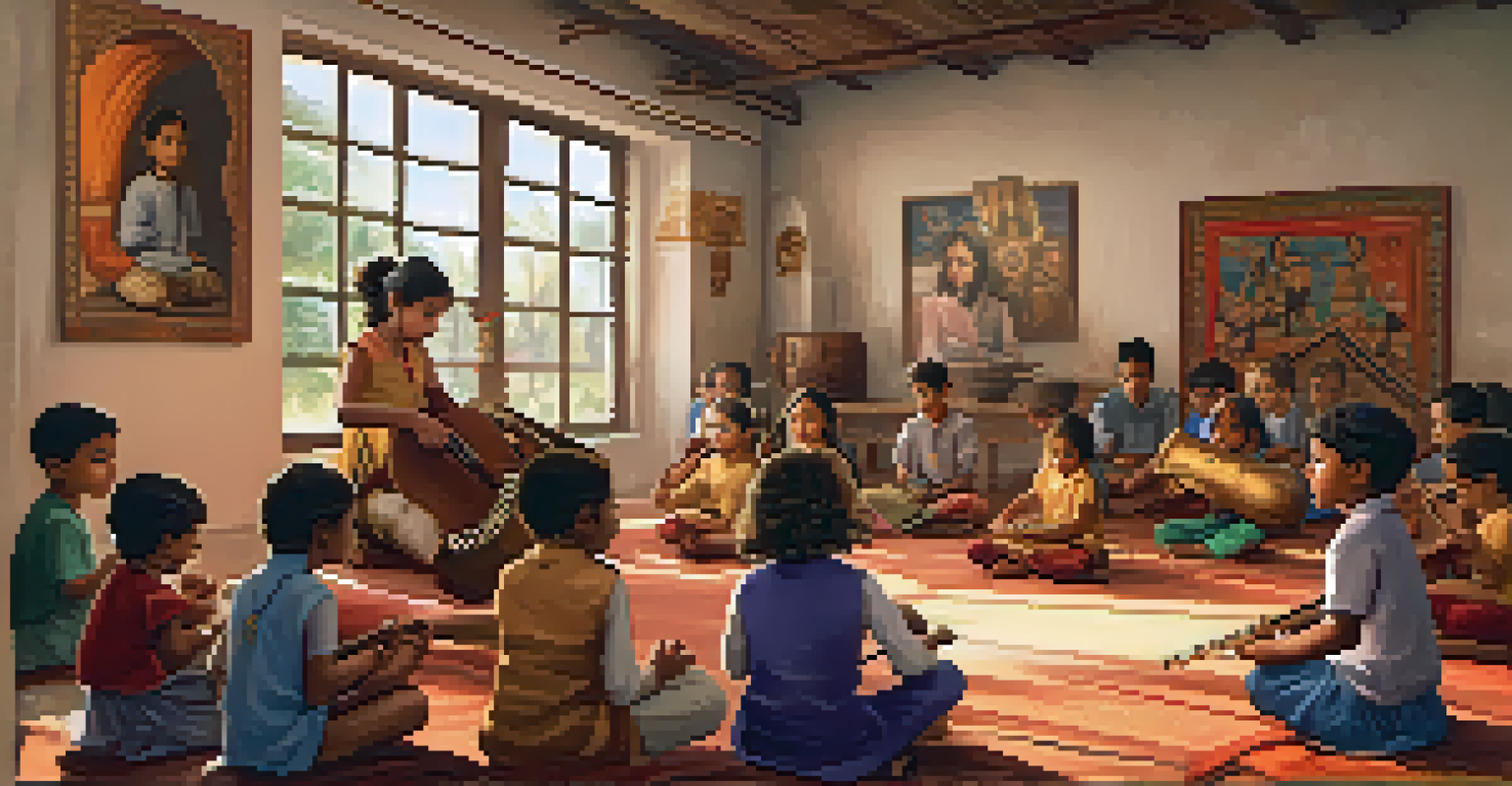 Children participating in a music workshop, learning to play traditional instruments from various cultures, with expressions of curiosity and joy.