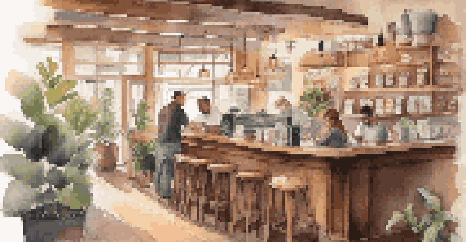 A warm and cozy coffee shop with patrons reading and working, and a barista preparing drinks.