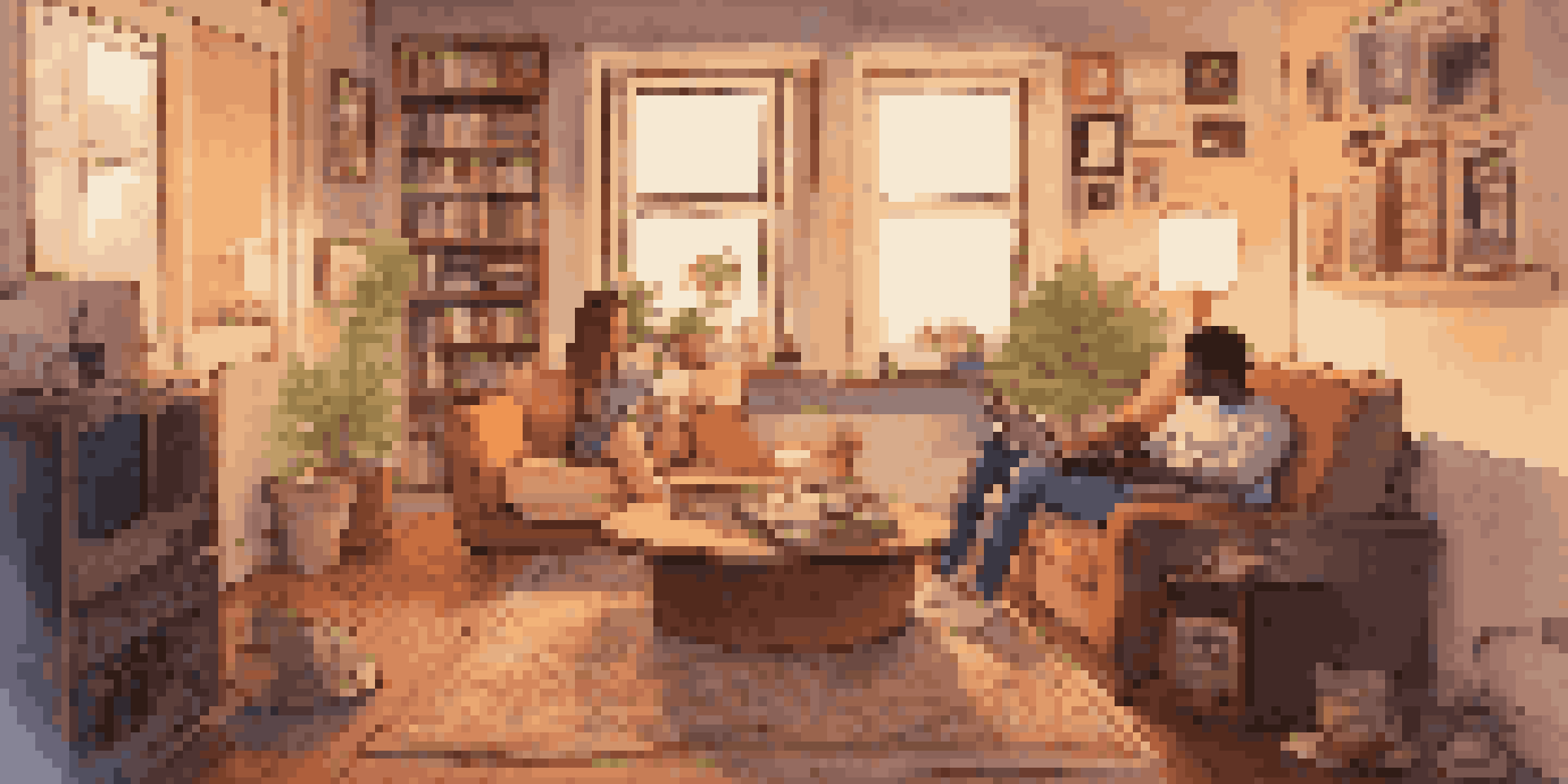 A couple sharing headphones on a couch in a cozy living room, surrounded by framed photos and a record player.