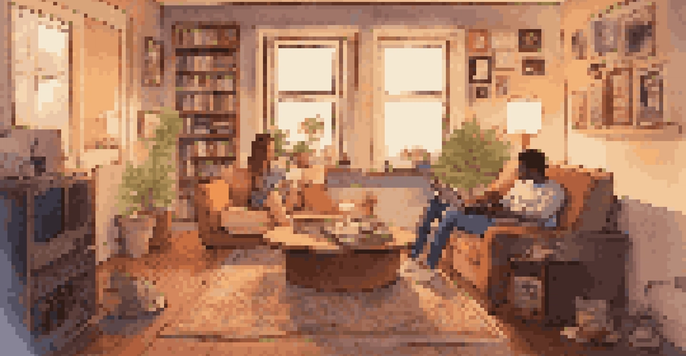 A couple sharing headphones on a couch in a cozy living room, surrounded by framed photos and a record player.