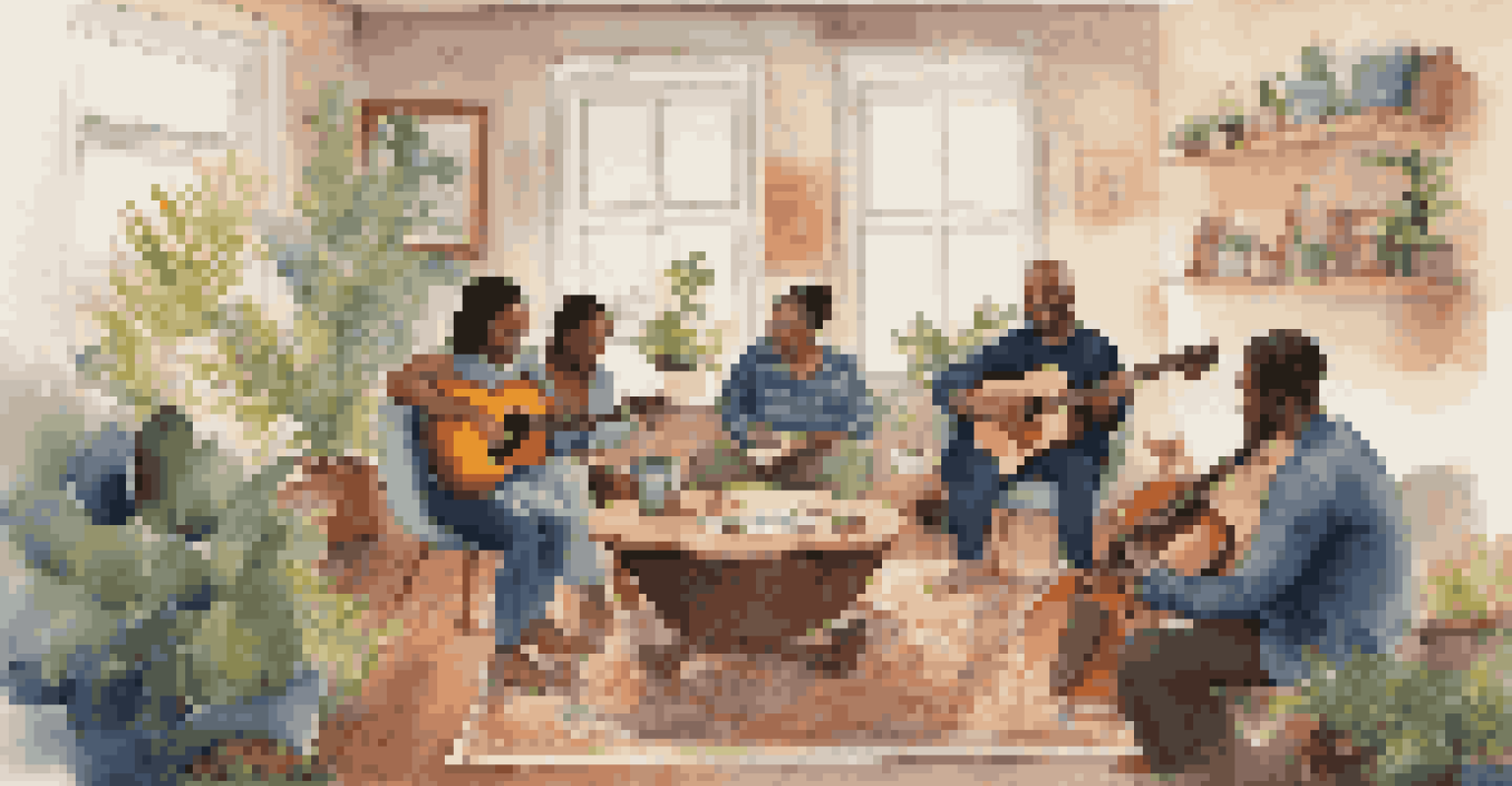 A cozy room with individuals in a circle playing instruments during a music therapy session, displaying joy and connection.