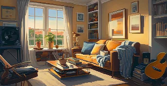 A warm and inviting living room with a person sitting on a sofa, surrounded by musical instruments, illuminated by soft sunlight.