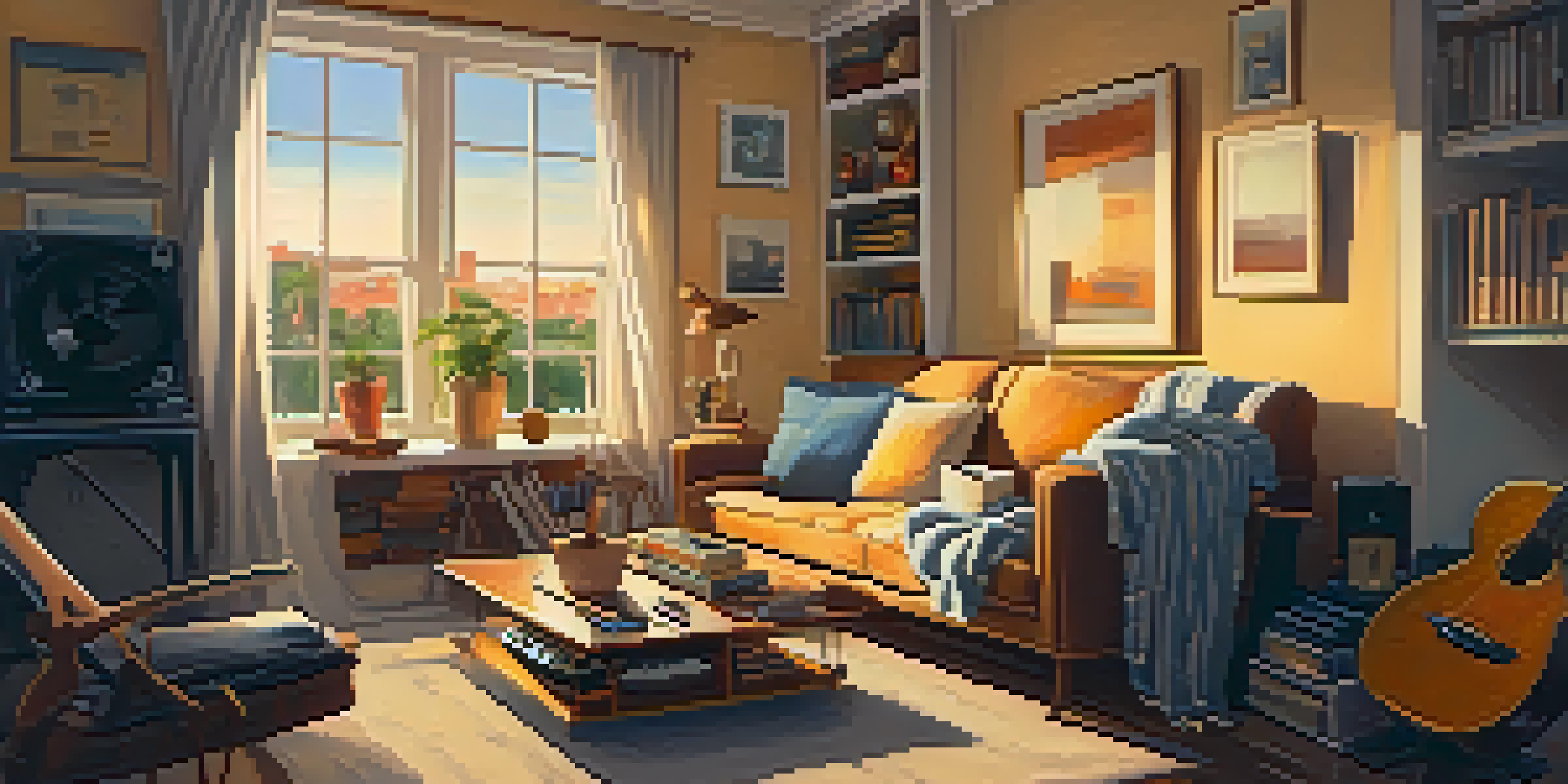 A warm and inviting living room with a person sitting on a sofa, surrounded by musical instruments, illuminated by soft sunlight.