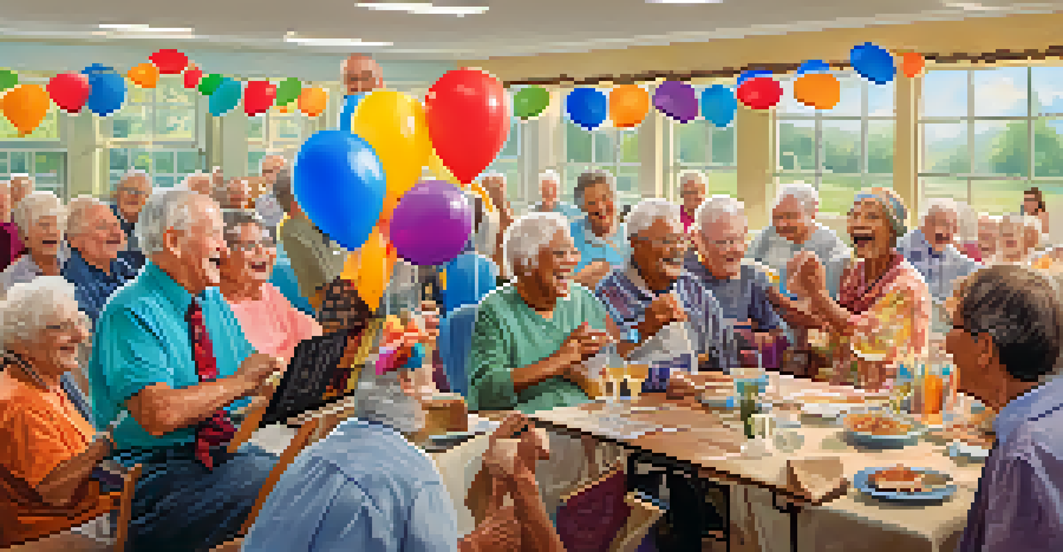 A diverse group of seniors joyfully participating in a sing-along at a community center, led by a musician with a guitar, surrounded by colorful decorations.