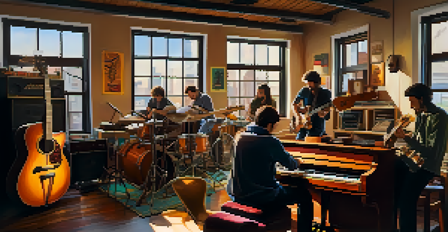 A diverse group of musicians collaborating in a cozy studio filled with instruments and colorful indie film posters, illuminated by natural light.