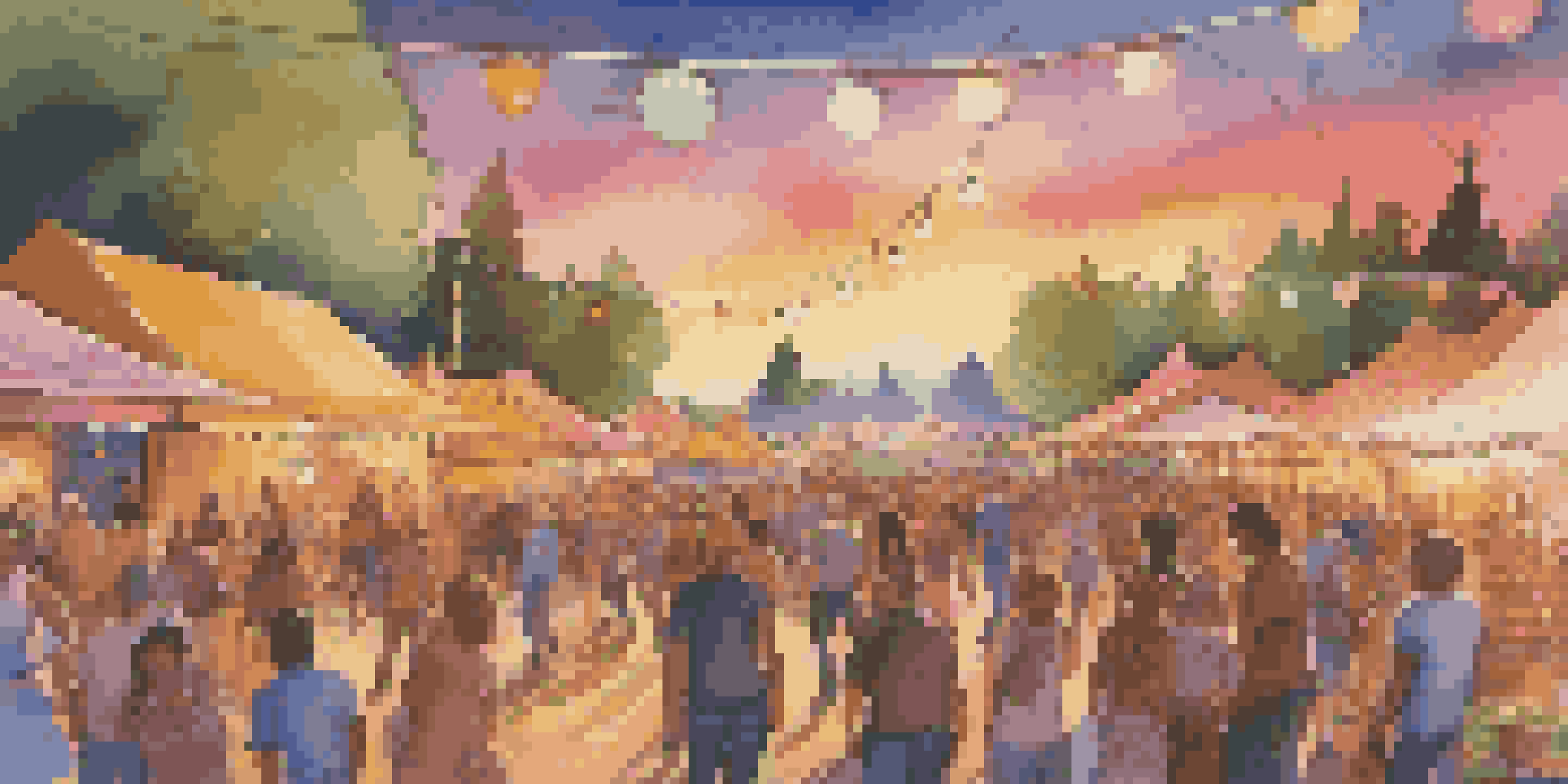 A lively outdoor music festival with a diverse crowd dancing, colorful stage lights, and a sunset in the background.