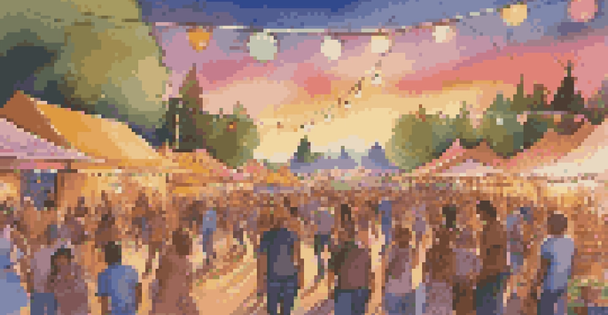 A lively outdoor music festival with a diverse crowd dancing, colorful stage lights, and a sunset in the background.