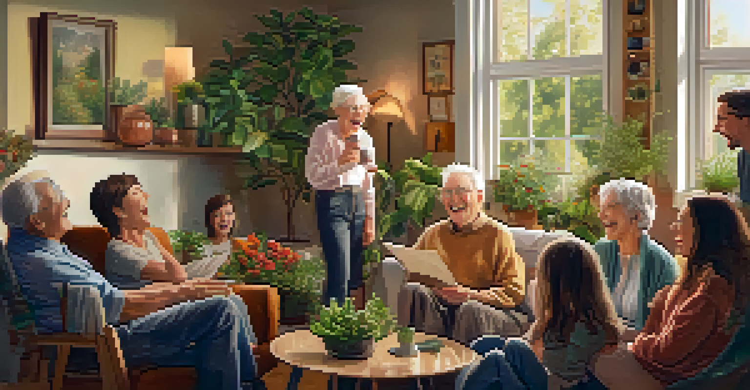 An elderly person joyfully singing with a diverse group of people in a cozy living room, surrounded by plants and family photos.