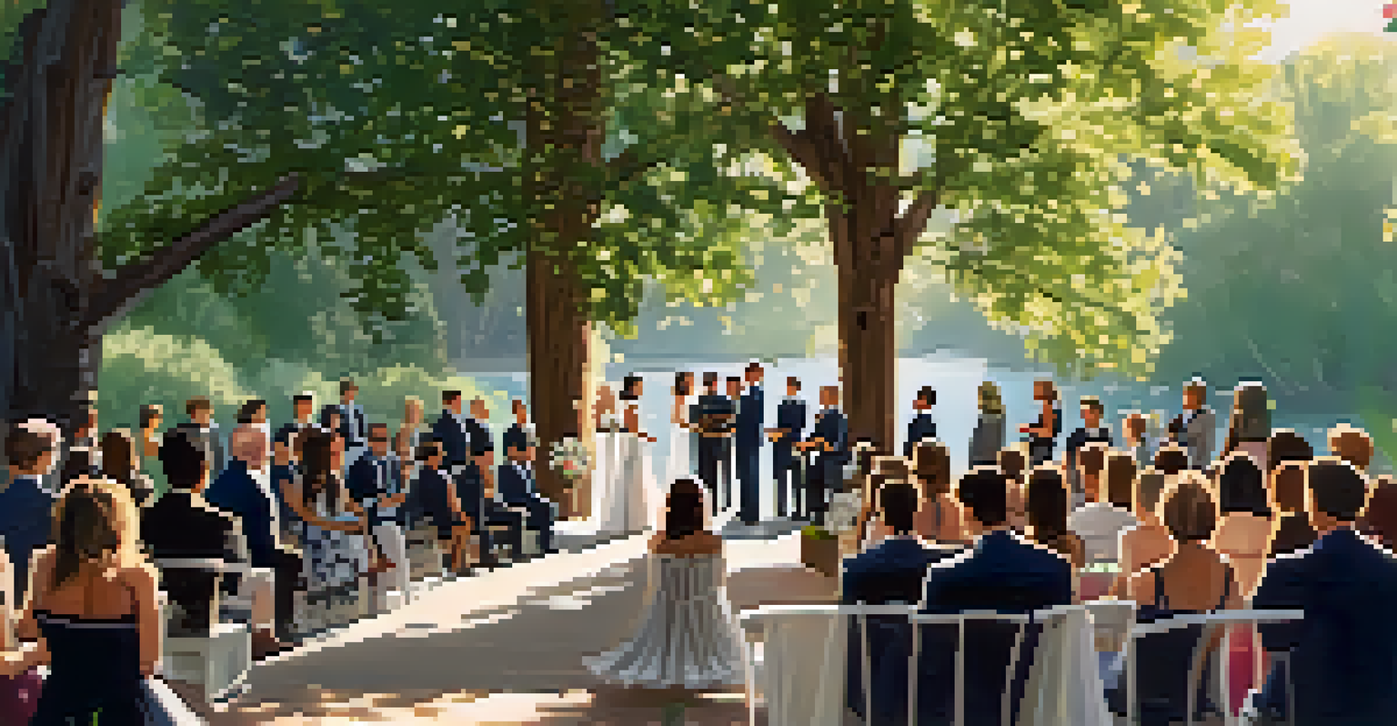 A couple exchanging vows at a wedding ceremony under soft sunlight, with guests seated nearby and a musician playing guitar.
