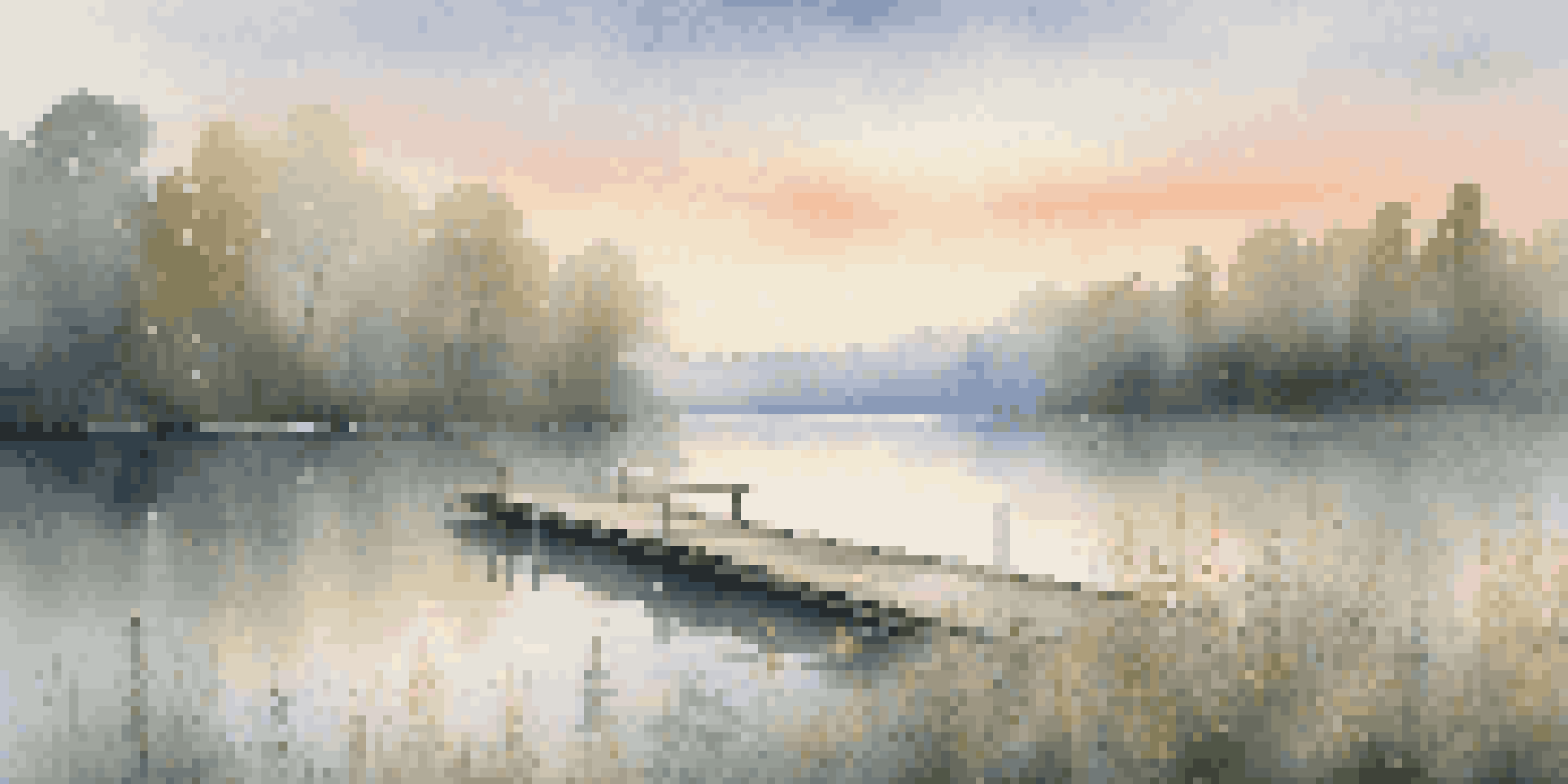 A peaceful lakeside scene at dawn with a wooden dock and wildflowers, surrounded by mist and trees illuminated by the soft morning light.