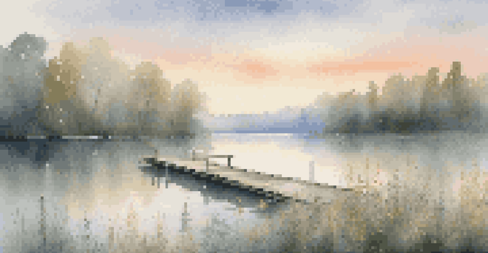 A peaceful lakeside scene at dawn with a wooden dock and wildflowers, surrounded by mist and trees illuminated by the soft morning light.
