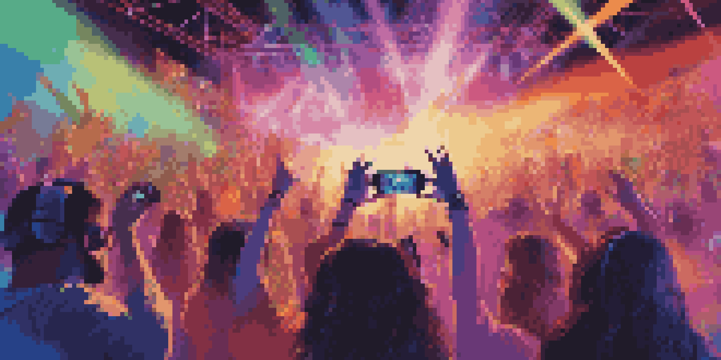 A lively virtual concert with people wearing VR headsets, featuring colorful lights and a performer on stage.