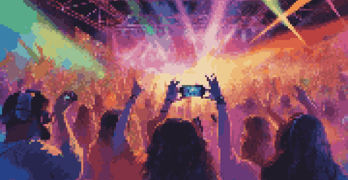 A lively virtual concert with people wearing VR headsets, featuring colorful lights and a performer on stage.