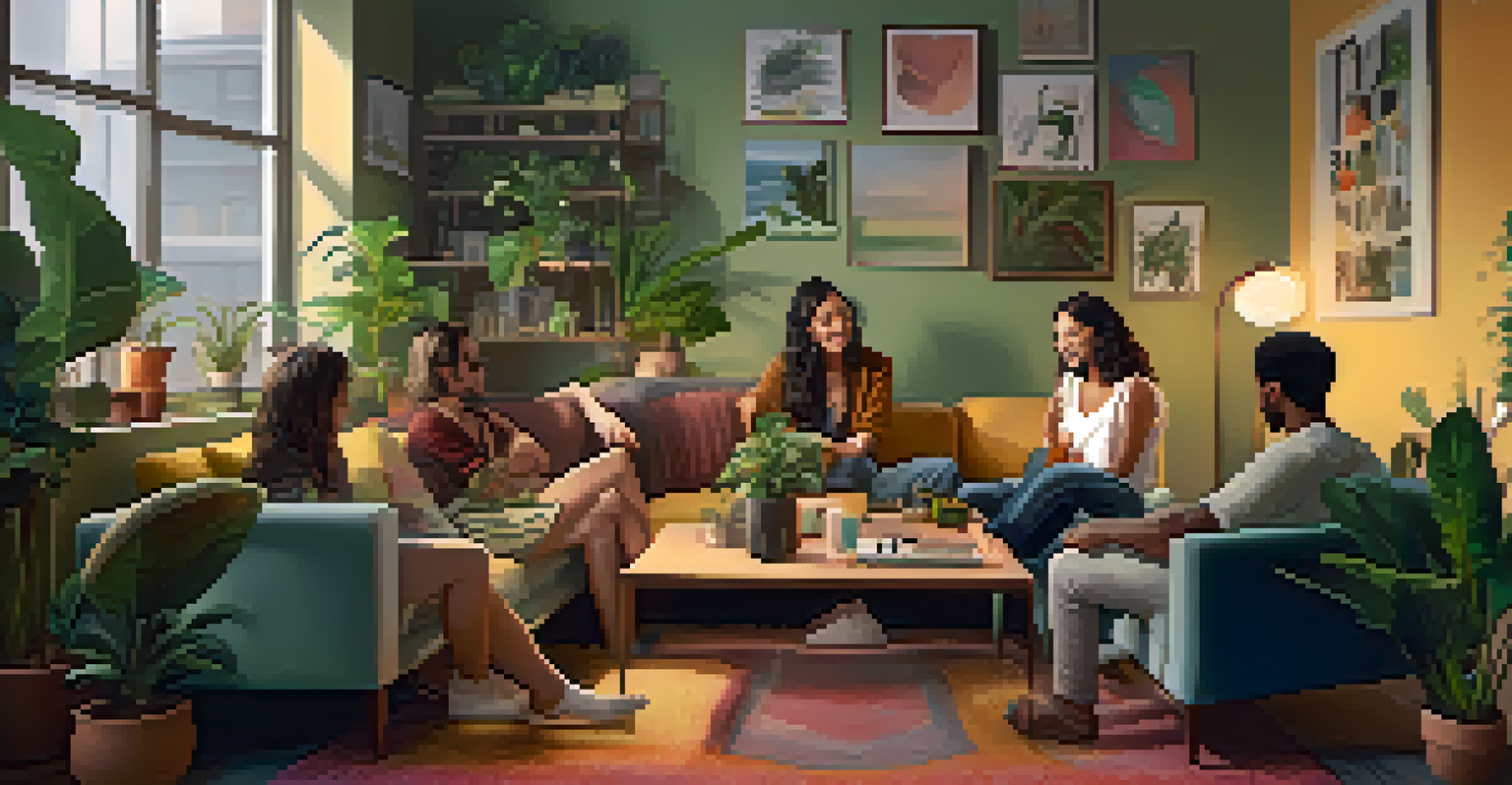 A cozy urban apartment with friends gathered around, listening to music together, surrounded by plants and colorful decor.