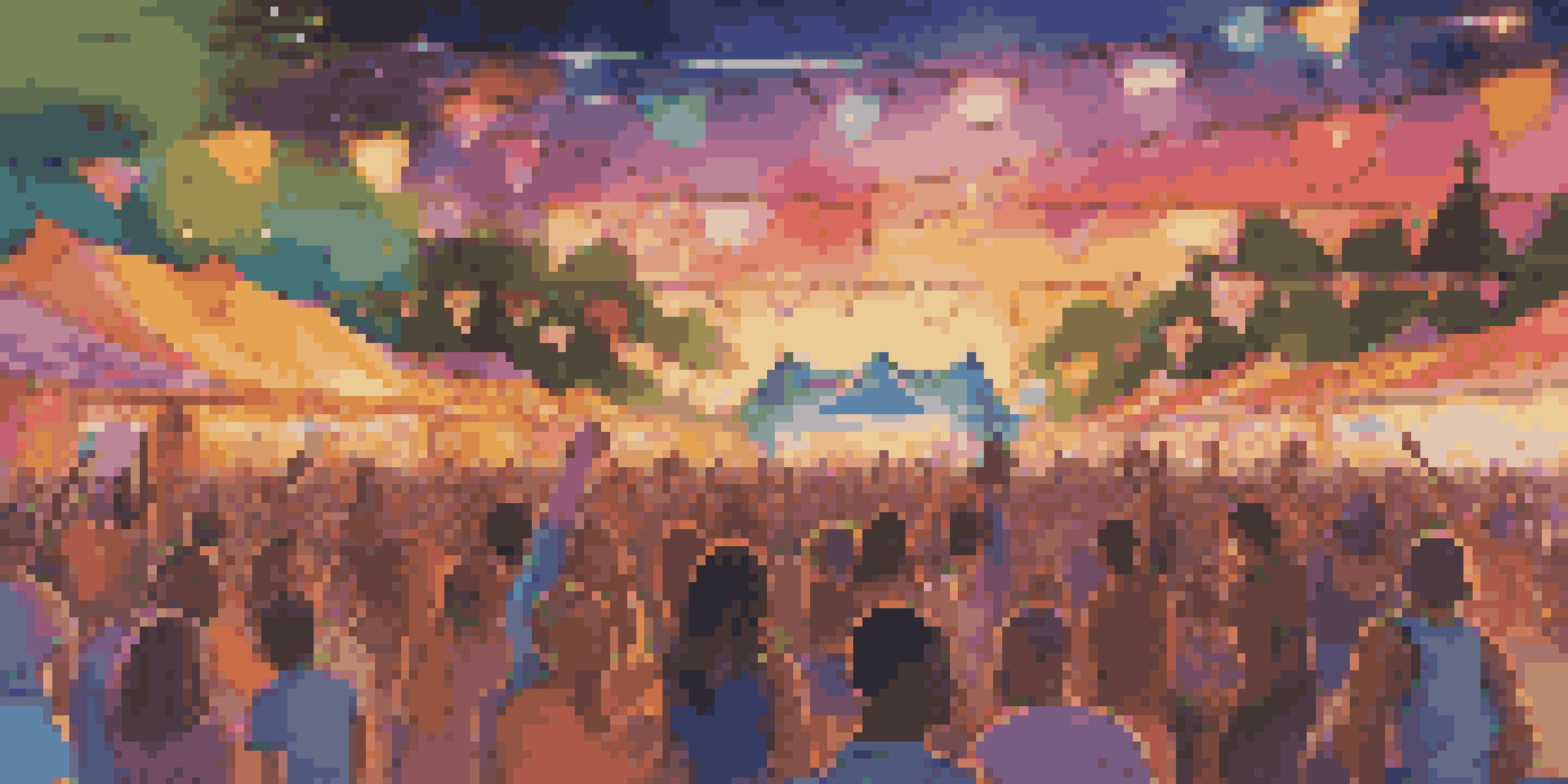 A diverse crowd enjoying a music festival with colorful lights and a stage, dancing and celebrating together.
