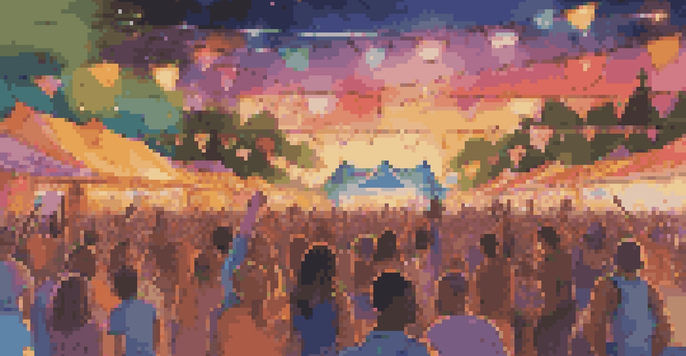 A diverse crowd enjoying a music festival with colorful lights and a stage, dancing and celebrating together.