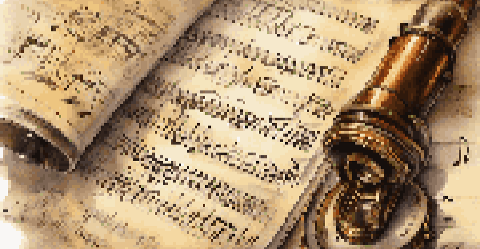 A close-up of a music sheet with handwritten notes, a vintage metronome, and reading glasses, illuminated by soft lighting.