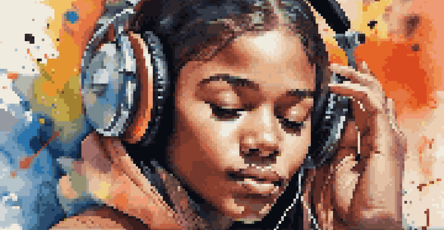 A young person wearing headphones, deeply engaged in music while surrounded by colorful graffiti art reflecting music genres.