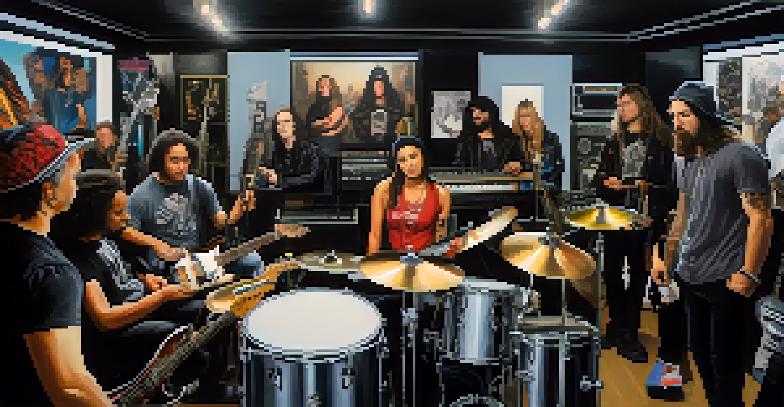 A diverse group of male and female metal musicians collaborating in a studio.