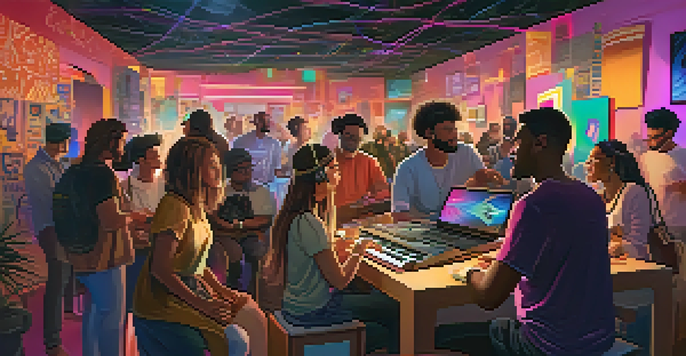 A diverse group of music fans interacting in a cozy virtual space, surrounded by colorful graphics and musical notes.