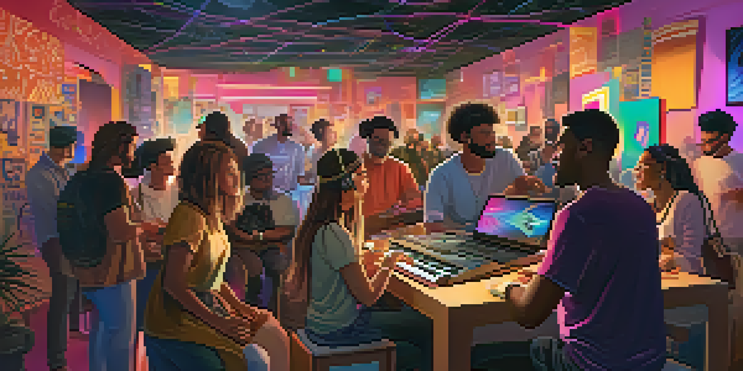 A diverse group of music fans interacting in a cozy virtual space, surrounded by colorful graphics and musical notes.