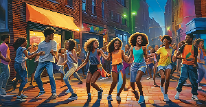 A lively urban scene with diverse young people dancing under streetlights, surrounded by colorful graffiti art.